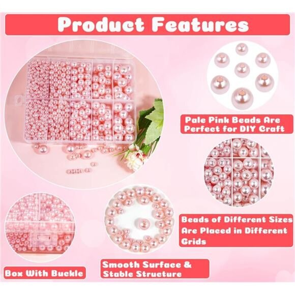 Pink Pearl Beads for Jewelry Making, 1750pcs Light Pink Pearl Craft Bead with - Picture 3 of 8